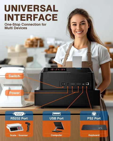 Cash Register With Fast 30 FPS Barcode Scanner And Multiport Connectivity Locking Cash Drawer Box 48 Keys 8 Digital Dual Display