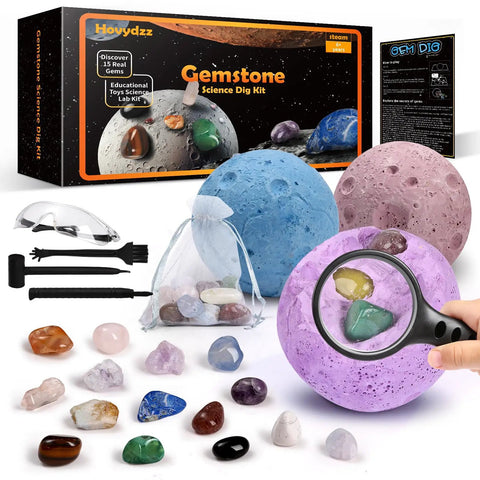Totally Awesome Gemstones Dig Kit For Kids Real Gem Excavation Adventure with 15 real gems, tools, and lunar-themed boxes
