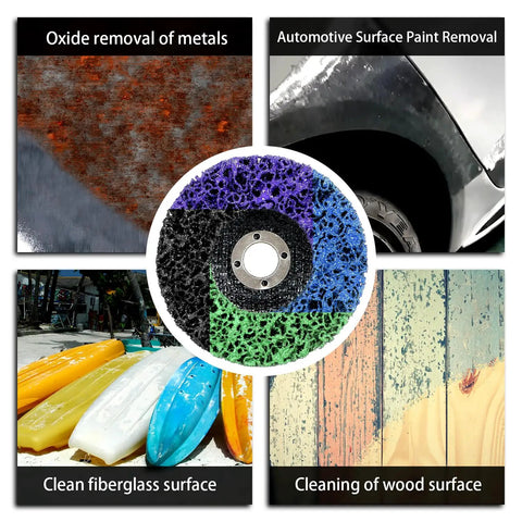 12 Pack 4 Inch Paint Stripping Discs With 5/8 Inch Arbor, 4 color variants in use for oxide, paint, fiberglass, wood removal