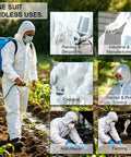 Person wearing Disposable Hazmat Coveralls With Hood Pack Of 12 White Breathable SMS Non Woven Painter Suit with front zip while gardening