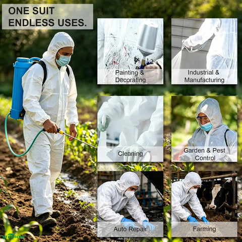 Person wearing Disposable Hazmat Coveralls With Hood Pack Of 12 White Breathable SMS Non Woven Painter Suit with front zip while gardening