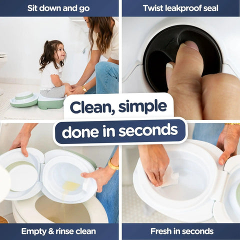Leak Proof Portable Toddler Toilet Seat For Potty Training, Green Pastel Travel Potty with cushioned grip in use for easy cleaning.