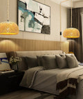 Bedroom with Rattan Hanging Pendant Light With Hemp Rope Cord And Bamboo Shade Wicker Weave Fixture over bed