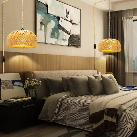 Bedroom with Rattan Hanging Pendant Light With Hemp Rope Cord And Bamboo Shade Wicker Weave Fixture over bed