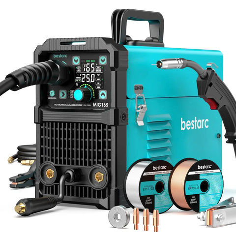 All In One 165A MIG Welder For 110V 220V 4 In 1 Gas Or Flux Core MIG Lift TIG And Stick Weld Modes Large LED Display