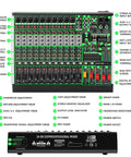 12 Channel Audio Mixer for Live DJing and Studio Use, 99 DSP Effects and 7 Band EQ with labeled features and controls