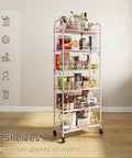 Premium Six Tier Rolling Storage Cart With Swivel Wheels, Sturdy Metal Mobile Shelving Rack For Tight Spaces, Dope Pink Utility Organizer For Kitchen Laundry Or Bathroom, Smooth Glides And Zero Clutter, filled with various organized items.