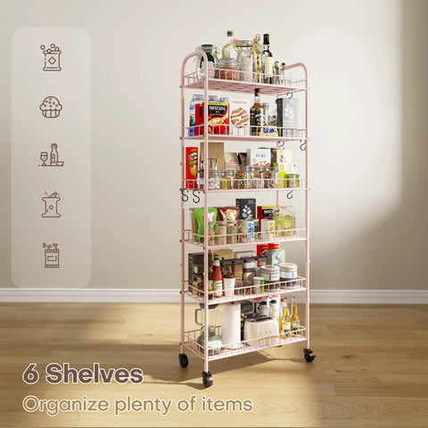Premium Six Tier Rolling Storage Cart With Swivel Wheels, Sturdy Metal Mobile Shelving Rack For Tight Spaces, Dope Pink Utility Organizer For Kitchen Laundry Or Bathroom, Smooth Glides And Zero Clutter, filled with various organized items.