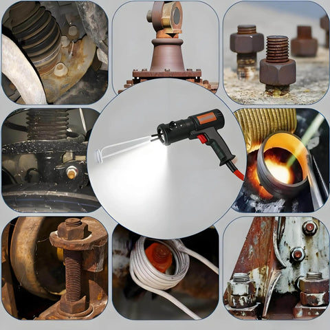 Handheld Electromagnetic Induction Bolt Heater Flameless Heating Kicks Nasty Rust Loose Without Any Sweat From Stuck Bolts And Bearings 1500 Watt Heavy Duty Garage Tool with various rusty bolts and components.