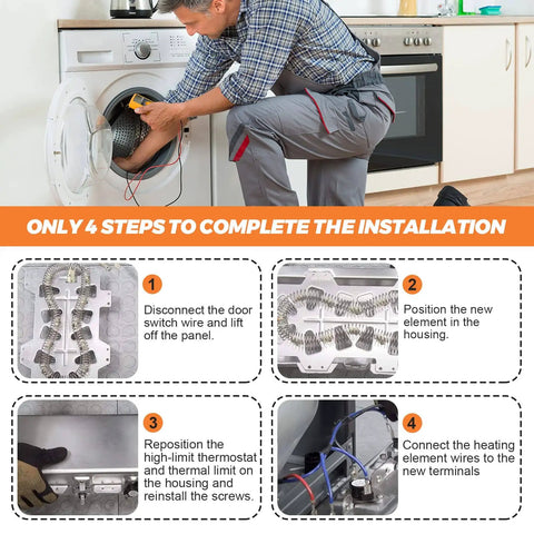 Instructions for installing DC47-00019A Dryer Heating Element 5300 Watts 240 Volts Replacement For Samsung Dryers in four steps.