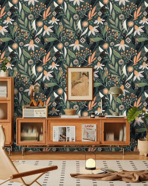 Dark Green Boho Peel and Stick Wallpaper Removable Floral Botanical Print for Bathrooms and Living Spaces Renter Friendly Leaf