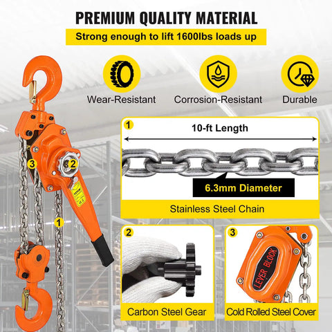 3/4 Ton Lever Chain Hoist With 1650 Lbs Capacity, 10 Ft Chain Come Along, heavy duty hooks and ratchet chain block