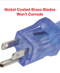 Close-up of plug with nickel-coated brass blades, Blue 100 Ft Outdoor Extension Cord SJTW 14/3 With 3 Prong Grounded Plug And Power Indicator Light