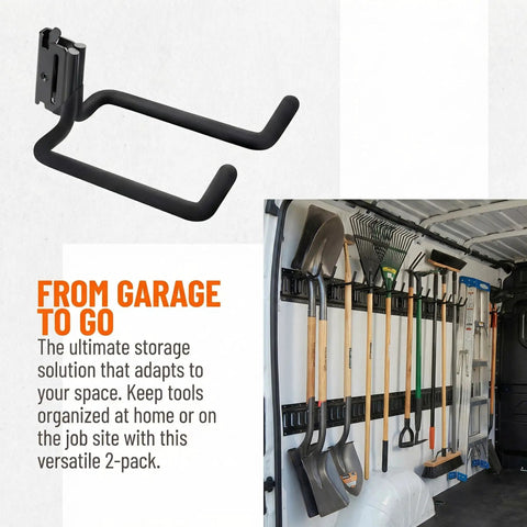 Two Pack E Track Heavy Duty Double J Tool Hook Holder 13mm Diameter Powder Coated Steel for Long Handled Tools in garage