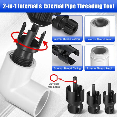 Lanties 2 Pcs Pipe Threader Kit For Fast Diy Plumbing Repairs And Irrigation Setups showing internal and external cutting tool details.