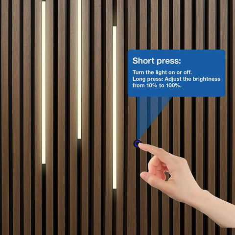 Hand adjusting brightness on Six Pcs Wood Slat LED Recessed Lighting Kit With Self Adhesive 3000K Warm White Light Easy Install Smart Switch.