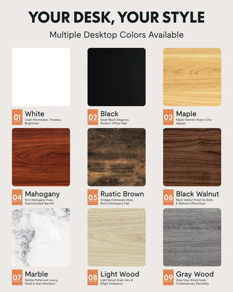 Rock Solid Sit Stand Desk 48 By 24 Inch One Piece Rustic Top Black Frame multiple desktop colors including white, black, maple, and more.