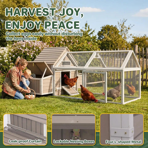 Mother and child collecting eggs from Spacious Outdoor Wooden Chicken Coop With Run For 2 To 4 Chickens, secure mesh visible
