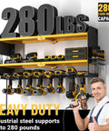 Pro Grade Power Tool Organizer With Charging Station Wall Mount And Surge Protected Power Strip For Garage Organization Cordless Drill And Battery Holder Yellow Shelf with tools and surge strip