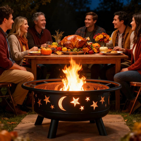 Wood Burning Fire Pit With Mesh Cover And Fire Poker 32 Inch Round Metal Outdoor Firepit With Star And Moon Cutouts glowing in night gathering