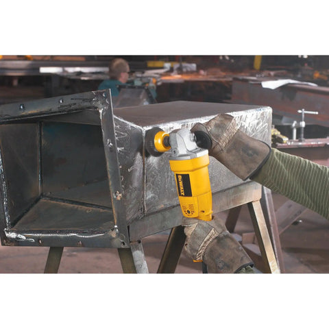 Worker using Beefy 5-Inch Angle Grinder With 5-Amp Motor For Fast Material Removal 11000 RPM Pro-Grade Power-To-Weight Ratio yellow tool
