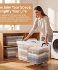 Heavy Duty 90 Quart Clear Storage Bins With Lids Six Pack See Through Stackable Containers For Closet Garage Pantry Organization, filled with folded blankets.