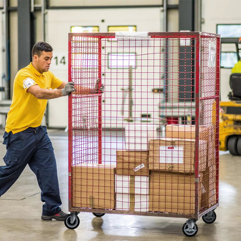 Heavy Duty 5 Inch Polyurethane Caster Set Of 4 With 1400 Lb Capacity Smooth Rolling Industrial Replacement Wheels used to move a cart of boxes.