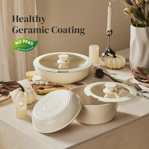 Ceramic Nonstick Pots And Pans Set With Detachable Handles, Space Saving 5 Piece RV Cookware on a table setting