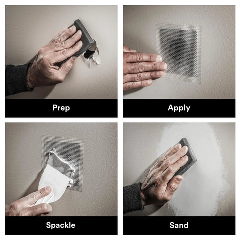 Steps to use All In One Wall Fix Kit With Primer Enhanced Spackling Compound Putty Knife Sanding Sponge And Self Adhesive Patch For Holes