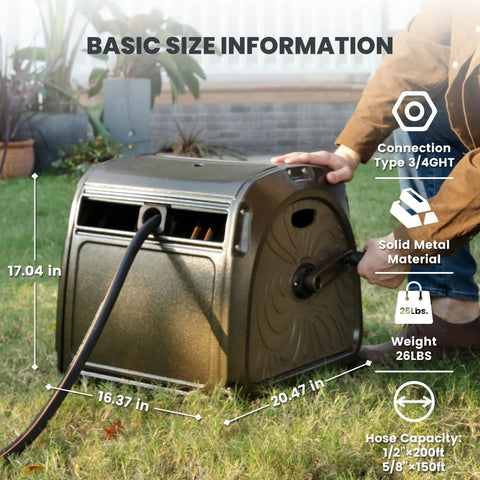 Heavy Duty Metal Hose Reel Box With Crank Handle For Easy Winding, Holds Up To 150 Feet Of Five Eighth Inch Hose, shown in garden