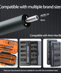 No Sweat Cordless Stick Electric Screwdriver Kit With Wireless Charging Stand And Rock Solid Magnetic Bits For Precision Phone Computer Watch Repair And Easy Home Fixes In Grey with hex bit and tool kit.