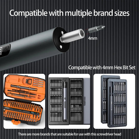 No Sweat Cordless Stick Electric Screwdriver Kit With Wireless Charging Stand And Rock Solid Magnetic Bits For Precision Phone Computer Watch Repair And Easy Home Fixes In Grey with hex bit and tool kit.