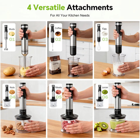 Image showing Powerful 1200W Immersion Hand Blender With 5 In 1 Attachments Including Whisk Chopper Milk Frother Mixing Cup And Storage Rack