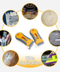 Two Pack Razor Blade Scraper Tool Set With 30 Extra Carbon Steel Blades, anti-slip handle shown with wide applications