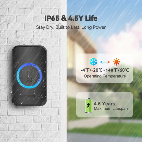 Crazy Long Range Wireless Doorbell For Home With IP65 Waterproof Receiver 1300ft Coverage, mounted outdoors in rain.