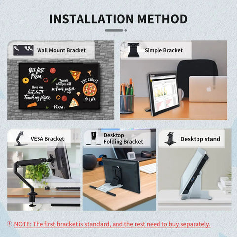 Big Time 17.3 Inch Android 12 Touchscreen Monitor Tablet With FHD 1080p Display, Wifi And Bluetooth, 4GB Ram Storage installation method options including wall mount and desktop stands.