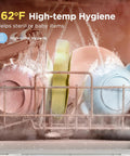 No Sweat Countertop Dishwasher Featuring A 1.59 Gal Built In Water Tank And Five Plus Two Smart Wash Cycles Plug And Go Setup showing high-temp hygiene with baby items being sterilized.