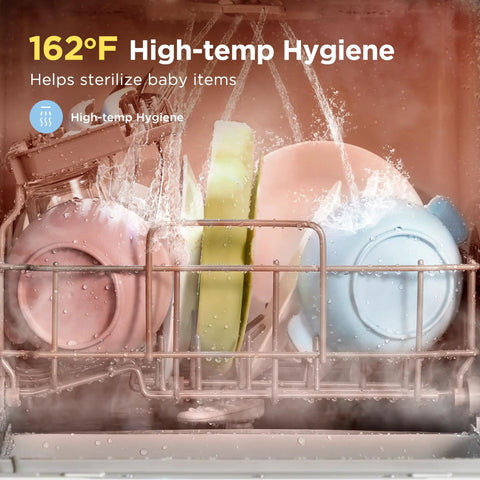No Sweat Countertop Dishwasher Featuring A 1.59 Gal Built In Water Tank And Five Plus Two Smart Wash Cycles Plug And Go Setup showing high-temp hygiene with baby items being sterilized.