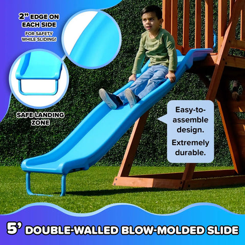 Child sliding on Backyard Cedar Outdoor Swing Playset With Two Belt Swings, Fort With Sloped Roof, Sandbox, Ladder, 6 Foot Slide, And Ground Anchor Kit For Backyard Fun Up To Seven Kids showing durable blue slide.