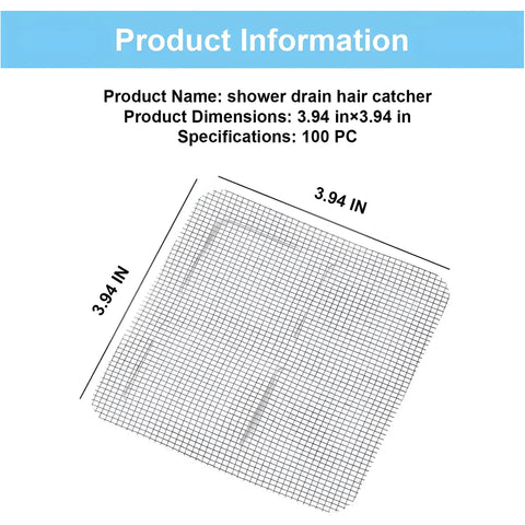 Hair Drain Stickers 100 Pcs Disposable Peel Stick, 3.94 in x 3.94 in shower drain hair catcher, grid design for clogs.