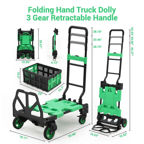 2-In-1 Folding Hand Truck With Basket Hauls 330 Lb Capacity And Switches From Upright Two-Wheel Dolly To Four-Wheel Platform Cart For Easy Moving Of Boxes Luggage Groceries And Home Gear Green, foldout views with dimensions