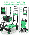 2-In-1 Folding Hand Truck And Flatbed Cart With 330 Lb Capacity, Quick 2-Wheel To 4-Wheel Conversion, Heavy-Duty Steel Frame, Slim Fold Design, Compact And Portable For Moving Boxes, Appliances, And Jobsite Loads. Folded and open views with 25.98 x 18.11 in base.