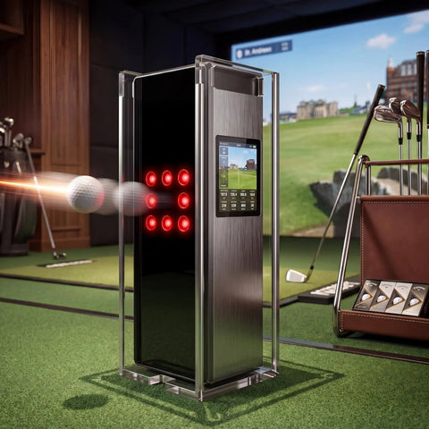 Square Golf Launch Monitor Protective Shield Case in clear acrylic on golf simulator mat indoors with club and ball.