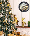 Vintage 18 Inch Wall Clock Featuring Smooth Moving Metal Gears Quiet Silent Battery Operated Accent above a Christmas tree