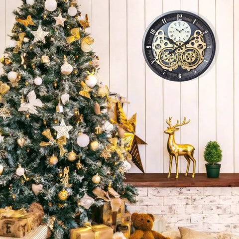 Vintage 18 Inch Wall Clock Featuring Smooth Moving Metal Gears Quiet Silent Battery Operated Accent above a Christmas tree