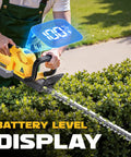 Gardener trimming hedge with Cordless Hedge Trimmer Beast With 22-Inch Dual-Action Blade, 2000 RPM Brushless Motor, battery display