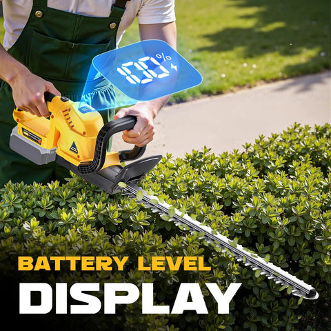 Gardener trimming hedge with Cordless Hedge Trimmer Beast With 22-Inch Dual-Action Blade, 2000 RPM Brushless Motor, battery display