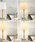 Set Of 2 Touch Control Table Lamps With USB Charging Ports, 3 Way Dimmable, shown in different brightness levels on bedside