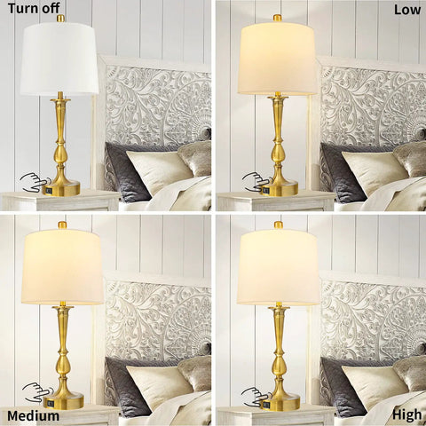 Set Of 2 Touch Control Table Lamps With USB Charging Ports, 3 Way Dimmable, shown in different brightness levels on bedside
