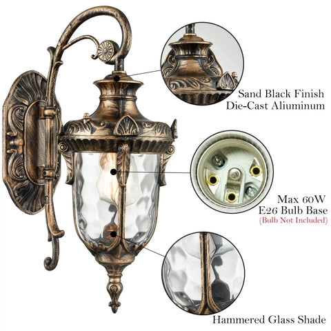 Bronze Outdoor Wall Light Fixture With Hammered Glass Shade, Weatherproof Exterior Sconce, Rust Resistant, Vintage Vibe